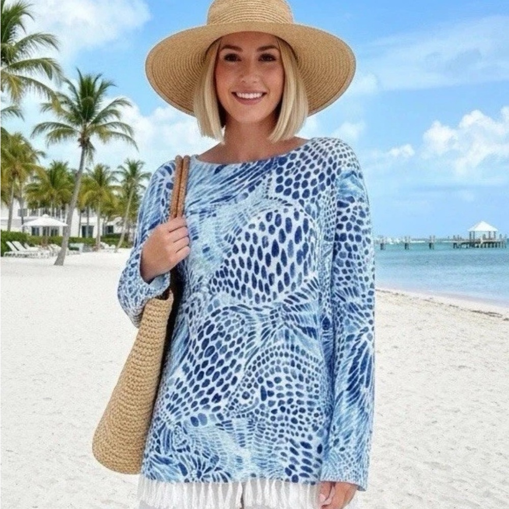 Lilly Pulitzer Women’s Small Romona Sweater Brilliant Blue Tang Gang Fringe‎